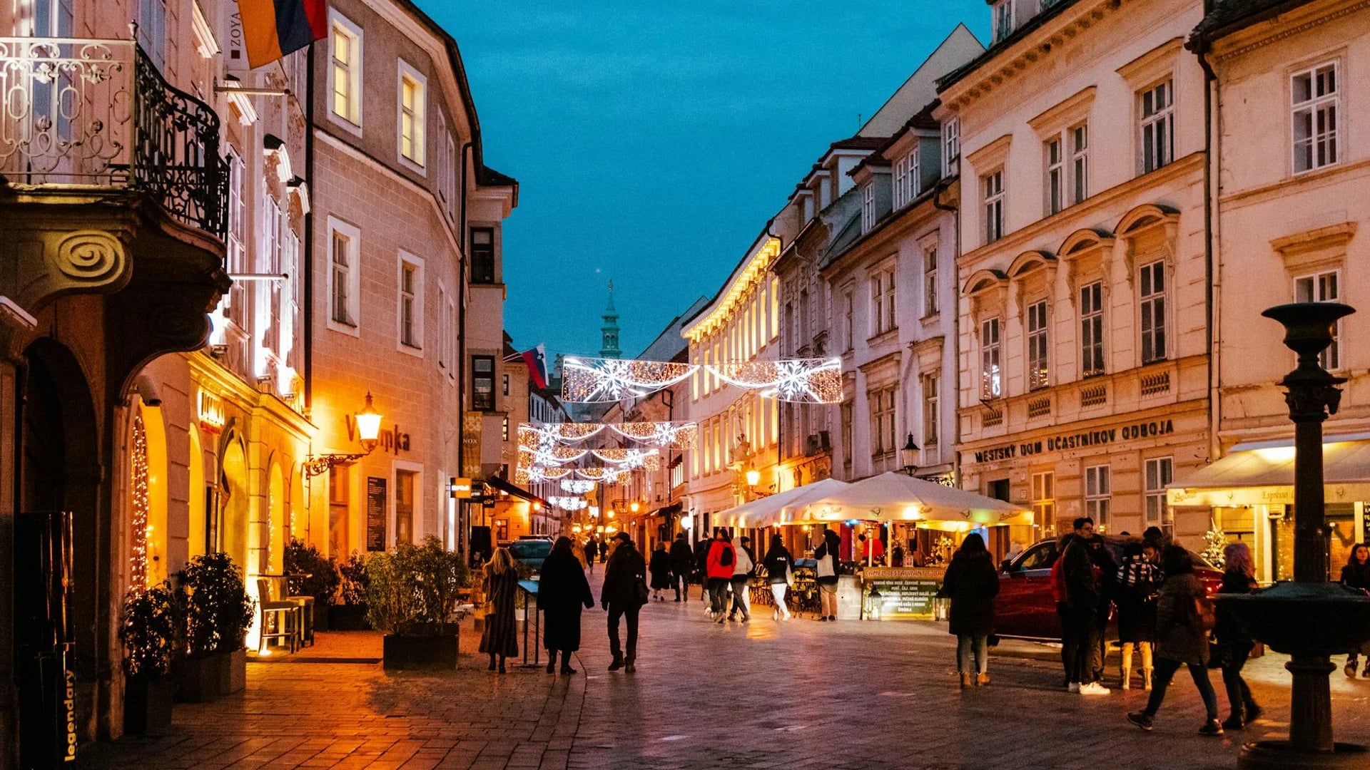 Bratislava historic Old Town street adorned with festive Christmas lights