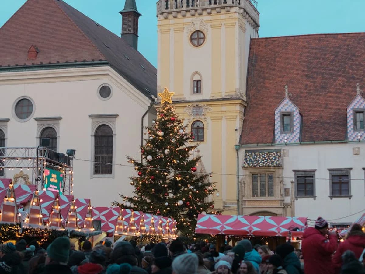Bratislava Christmas market with iconic Church of St. Martin at blue hour