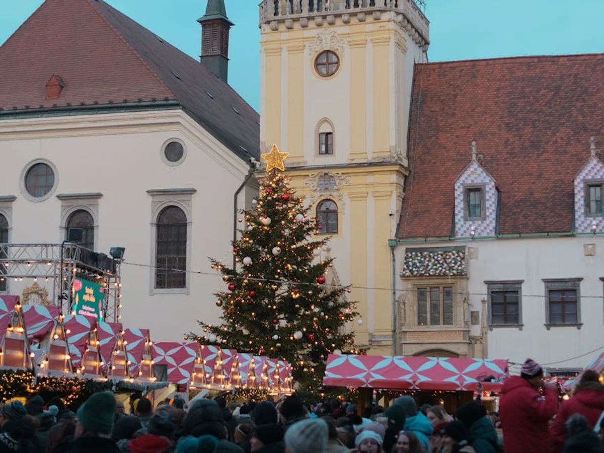 Bratislava Christmas market with iconic Church of St. Martin at blue hour