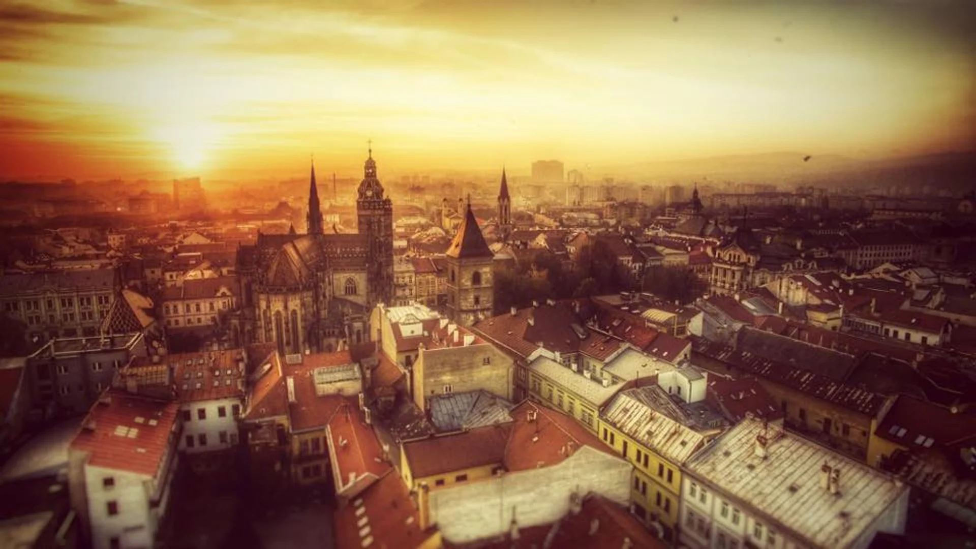 Košice skyline during golden hour showcasing St. Elizabeth Cathedral in winter warmth