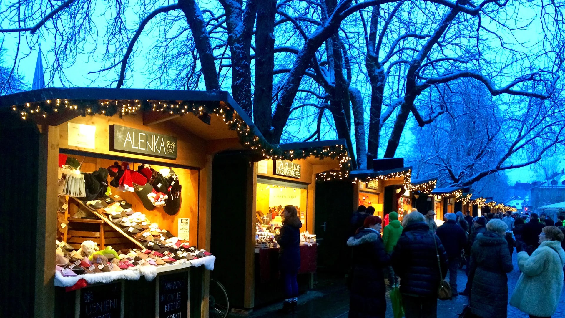 Ljubljana enchanting Christmas market scene during winter twilight
