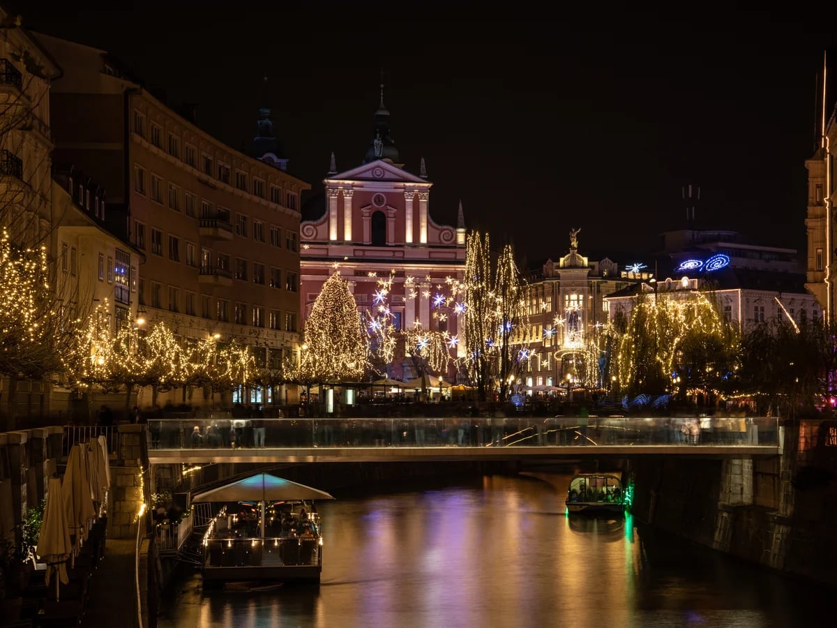 Ljubljana Franciscan Church glowing at Christmas in winter magic