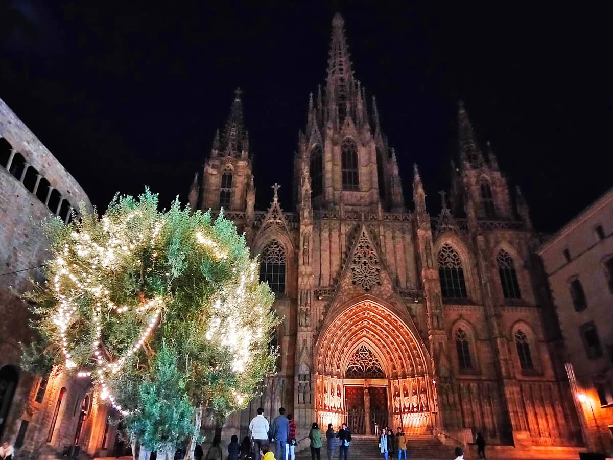 Barcelona Gothic Cathedral illuminated during winter Christmas season