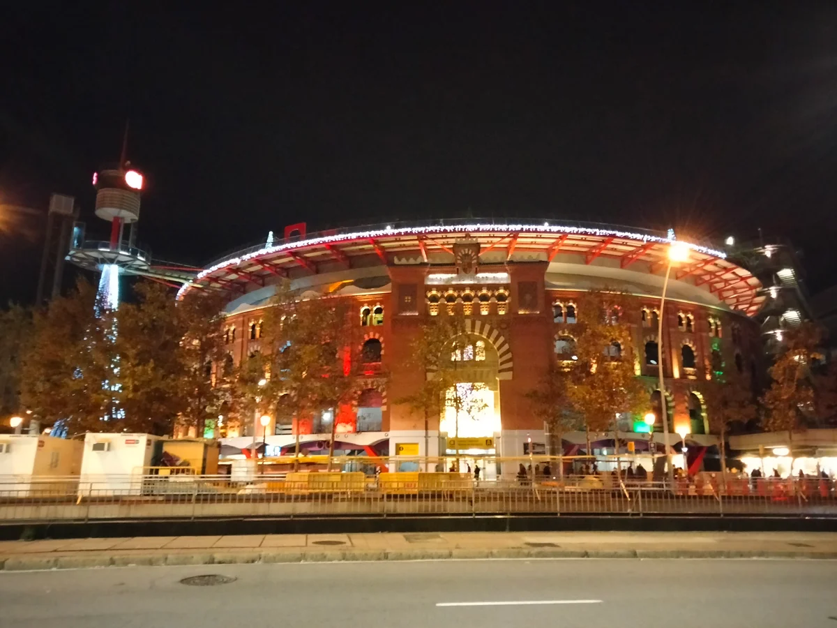 Barcelona Las Arenas illuminated at night during winter season