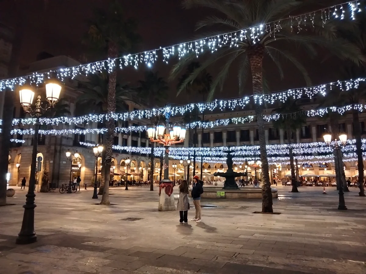 Barcelona Plaça Reial adorned with LED lights in magical winter ambiance
