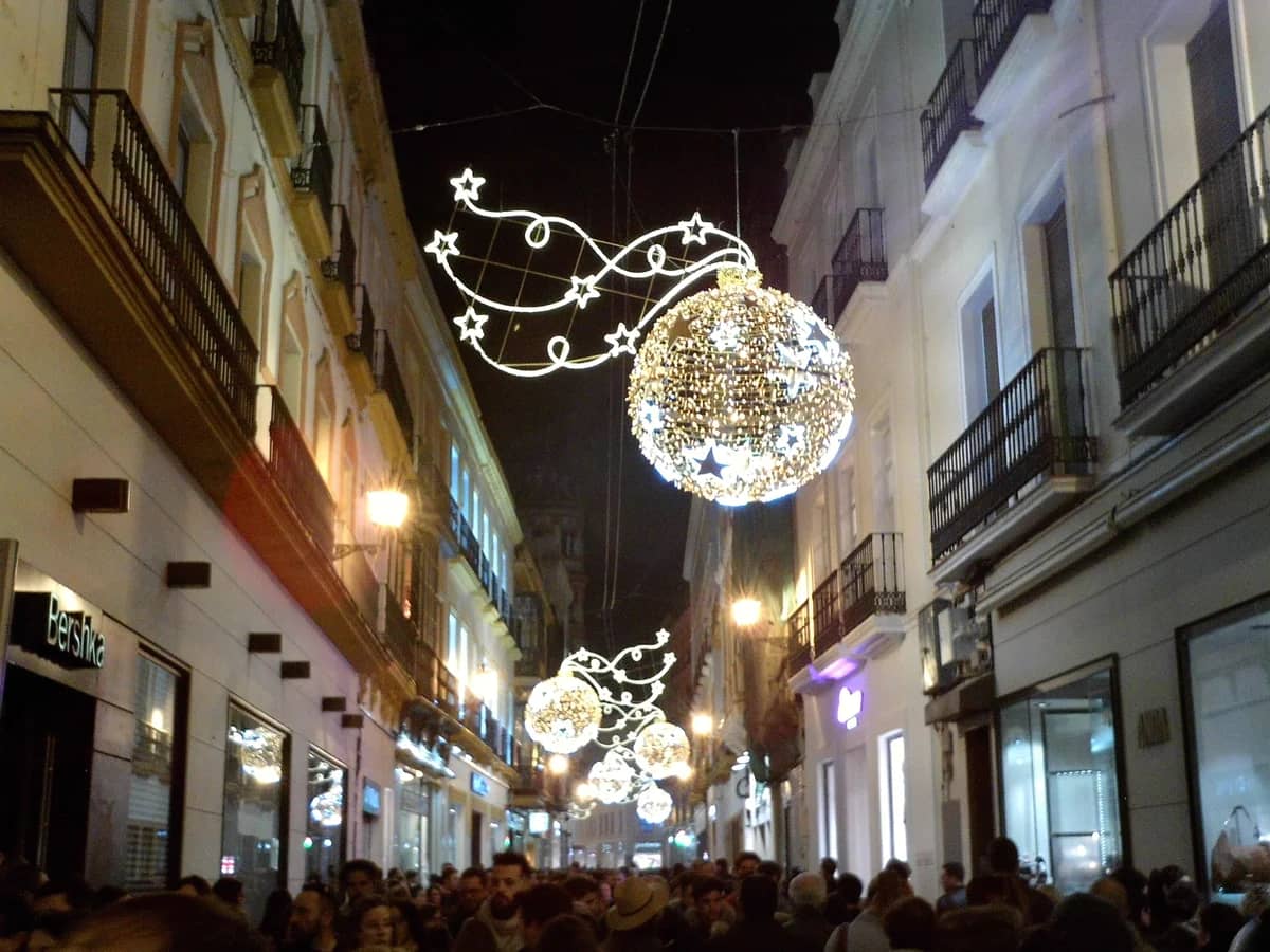 Seville Calle Tetuán illuminated by Christmas decorations in winter magic