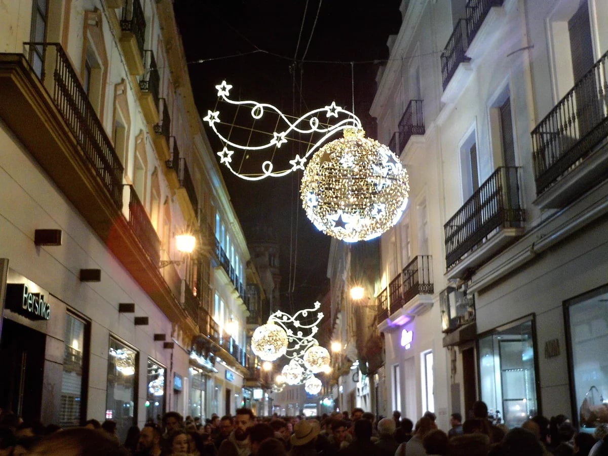 Seville Calle Tetuán illuminated by Christmas decorations in winter magic
