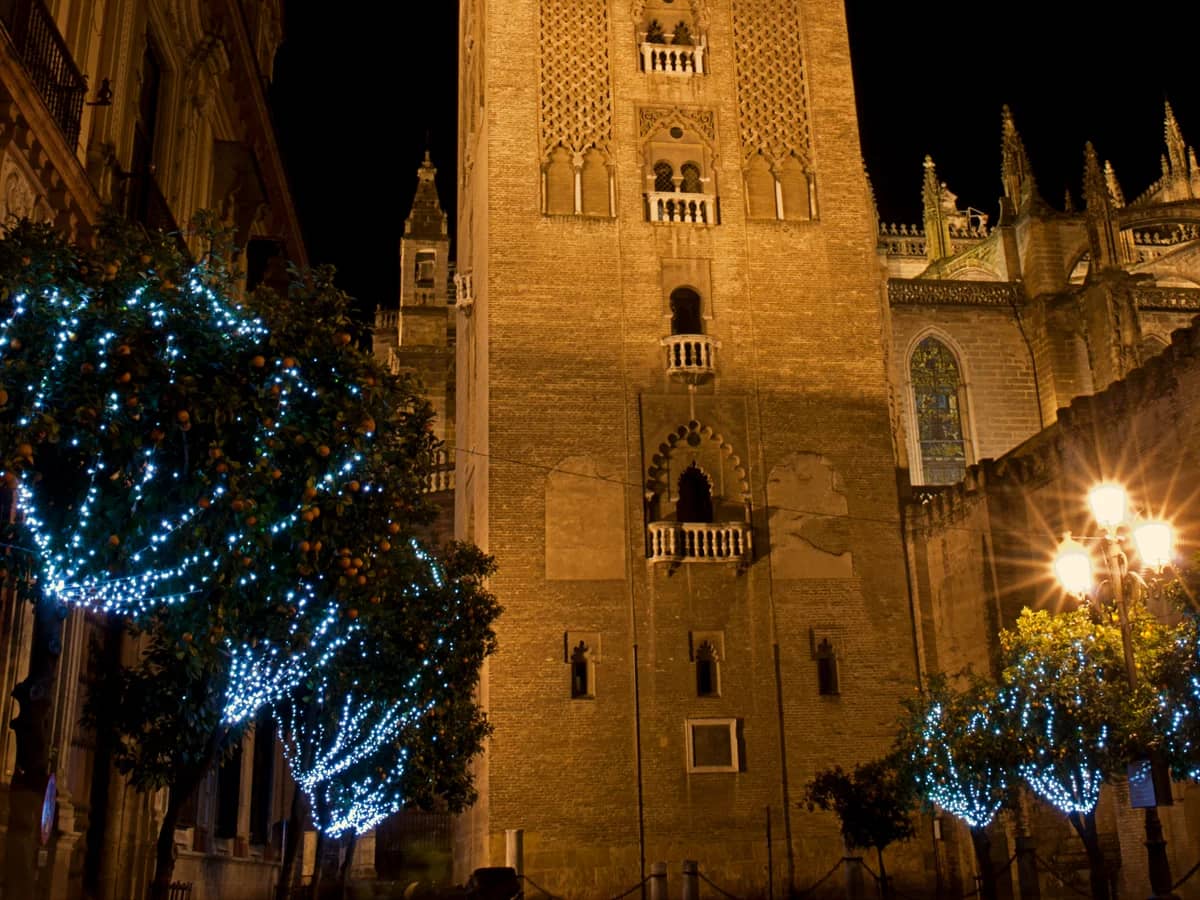 Seville Giralda tower illuminated during winter Christmas festivities