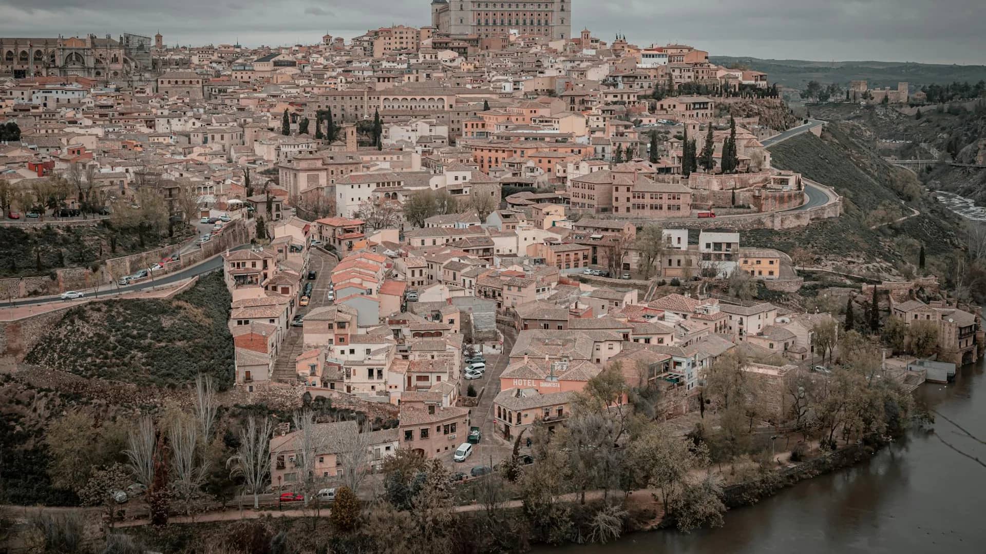 Toledo panoramic view featuring the Alcázar fortress in winter season