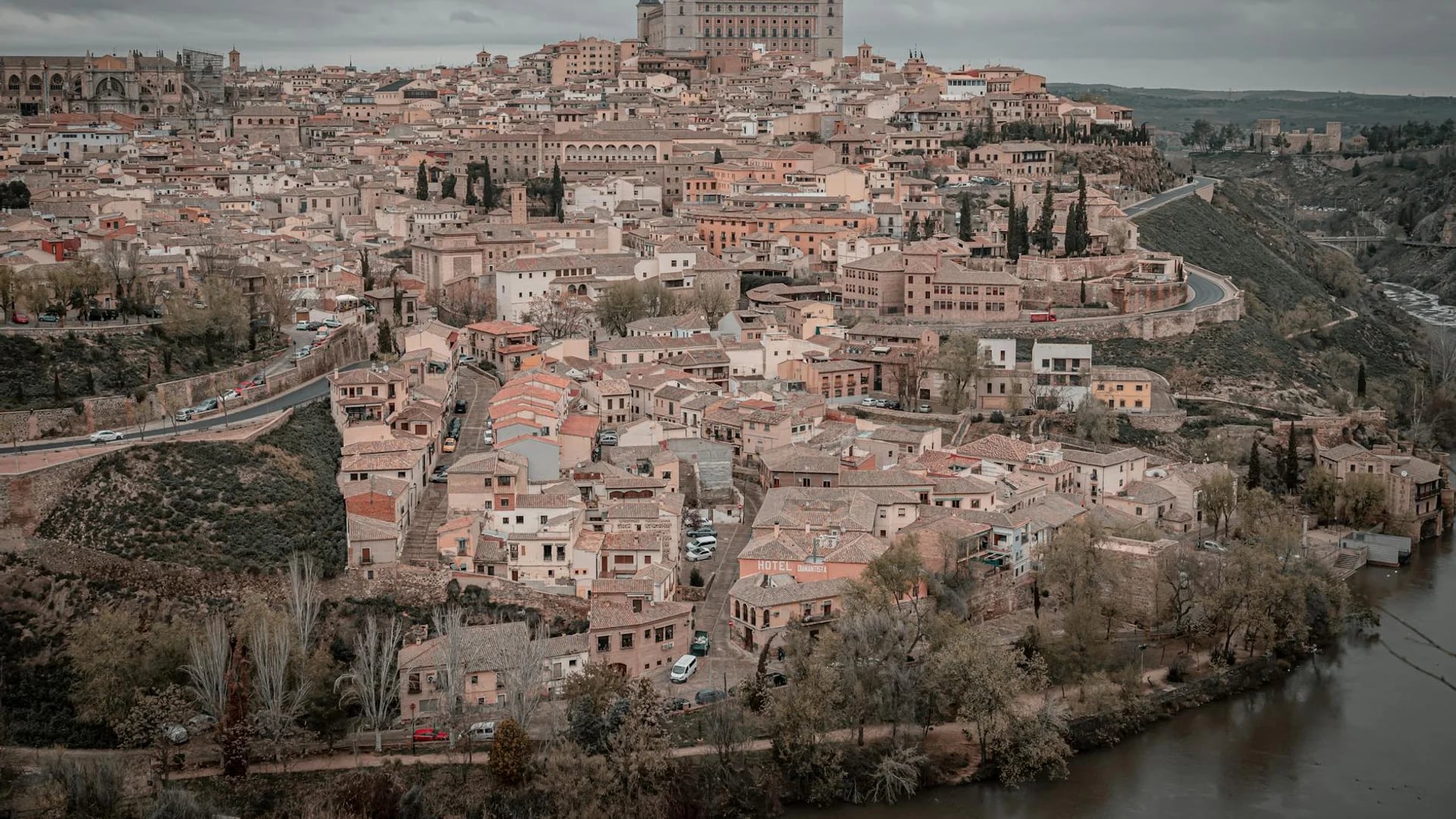 Toledo panoramic view featuring the Alcázar fortress in winter season