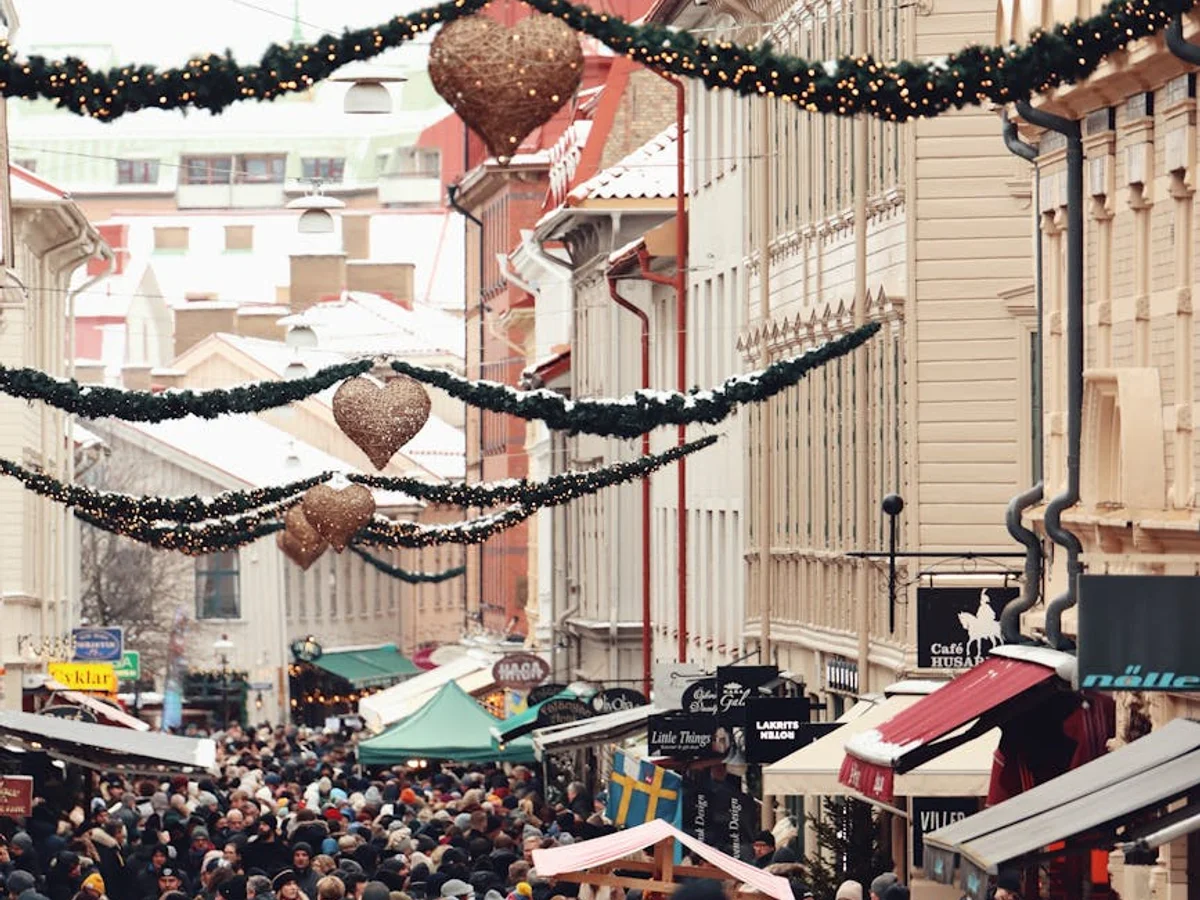 Gothenburg bustling Christmas market with festive decorations in winter