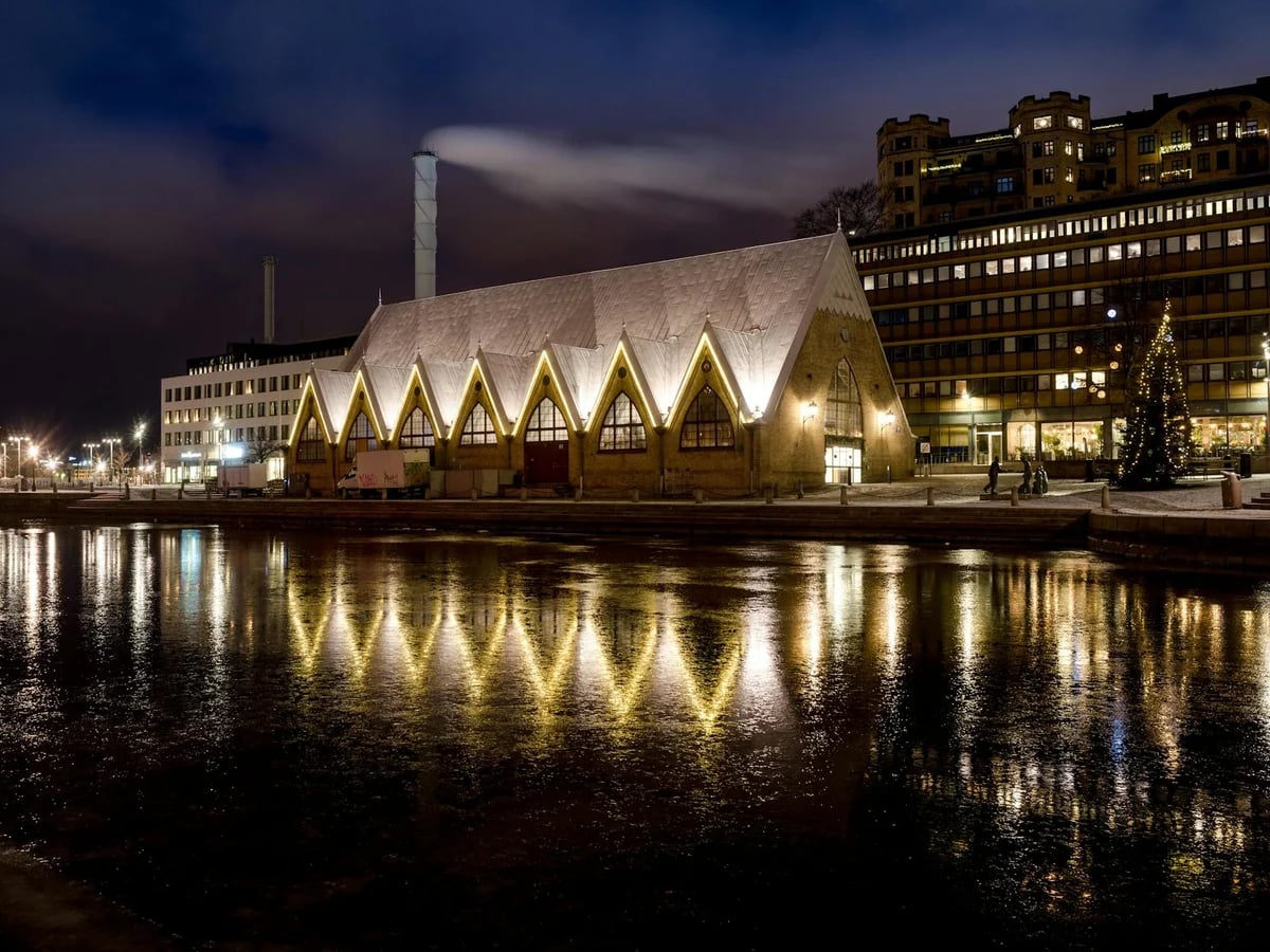 Gothenburg Fish Church illuminated at twilight during Christmas season