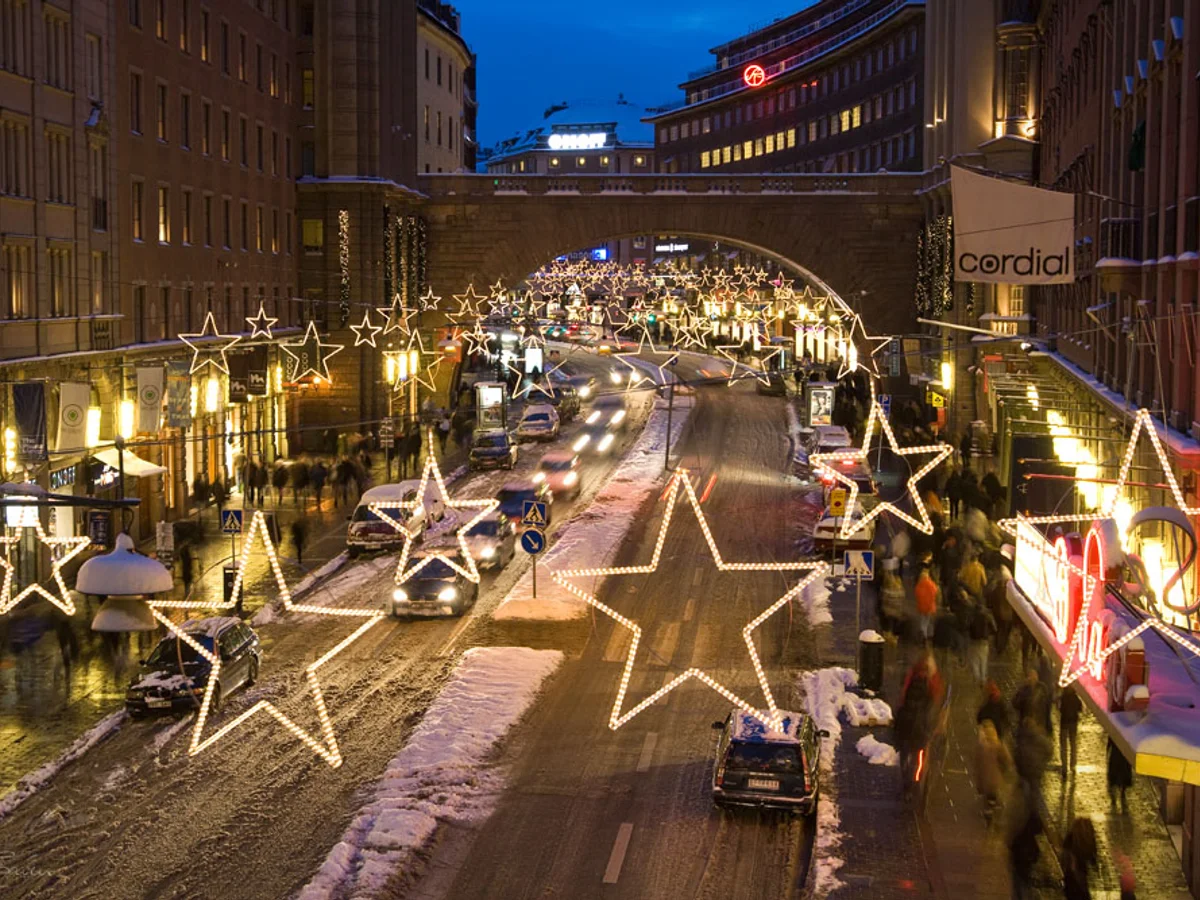Stockholm winter wonderland with star decorations and market lights