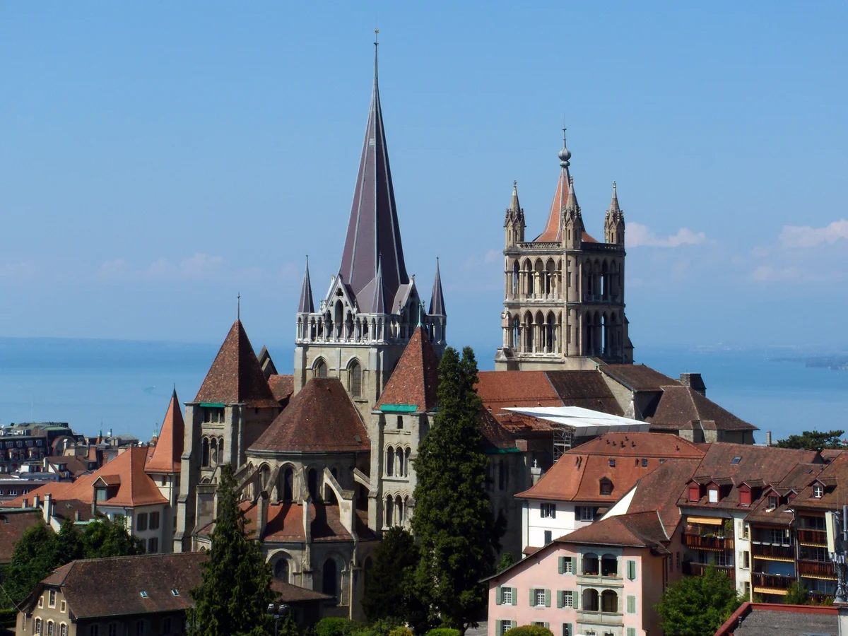Lausanne stunning cathedral view during winter season with Lake Geneva