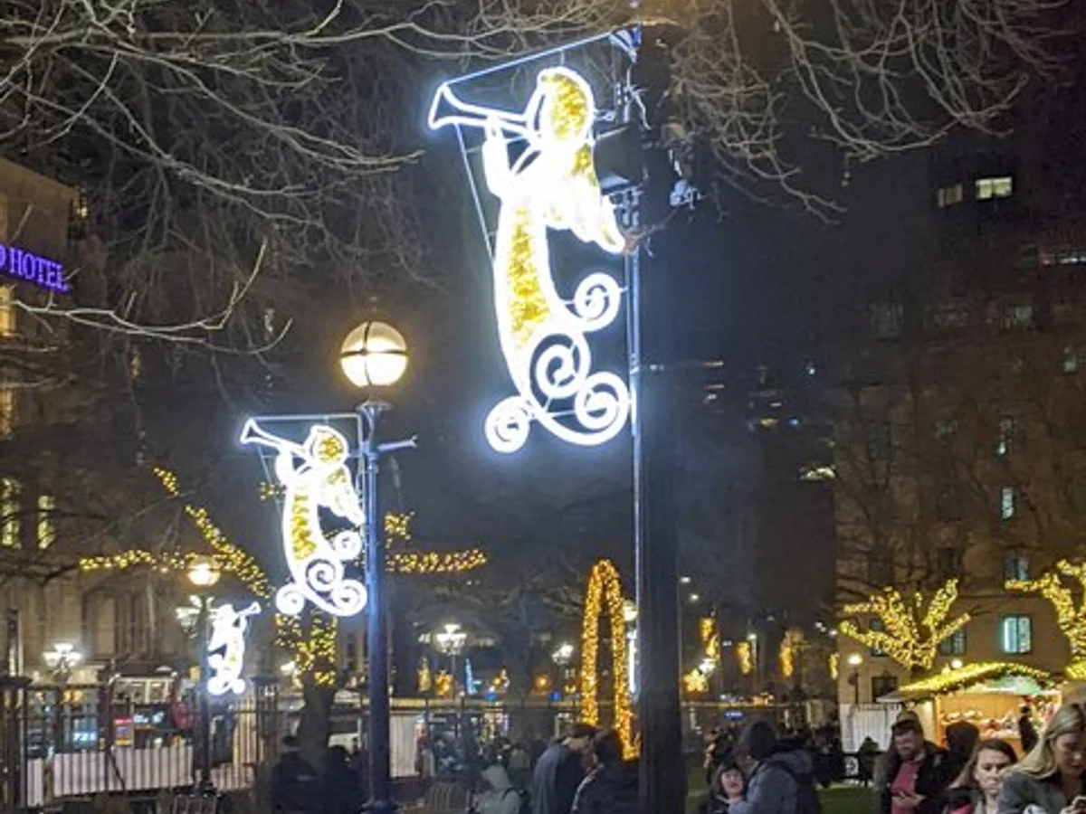 Birmingham iconic angel banners illuminate Cathedral Square during winter festivities