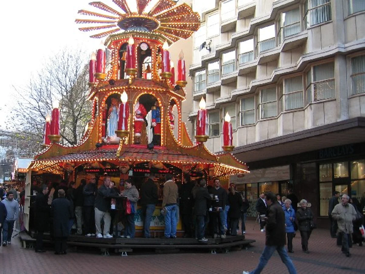 Birmingham German carousel pyramid in a festive winter market atmosphere