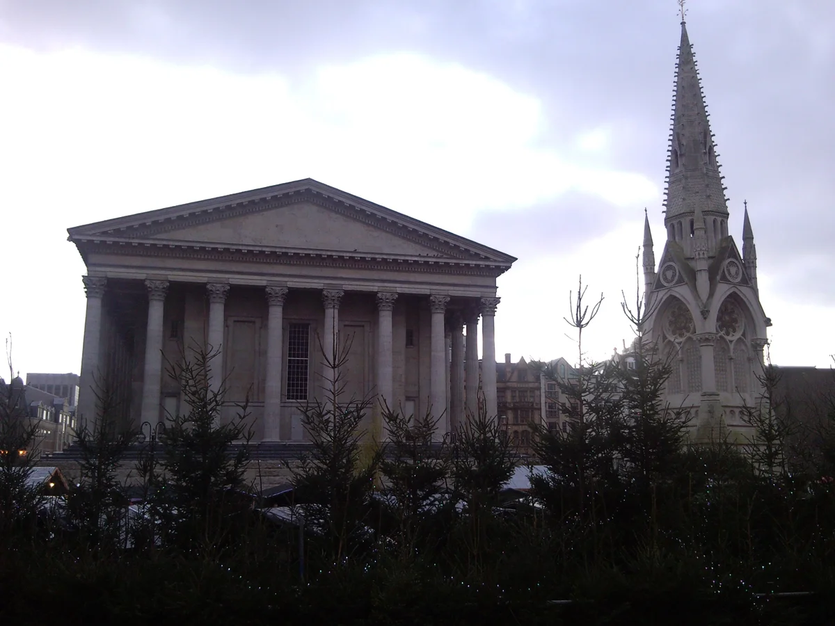 Birmingham Town Hall and St. Martin's Church adorned with Christmas decorations
