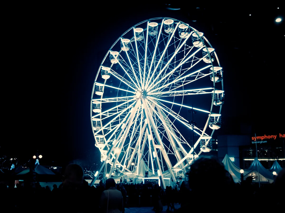 Birmingham iconic Wheel illuminated in winter festival atmosphere