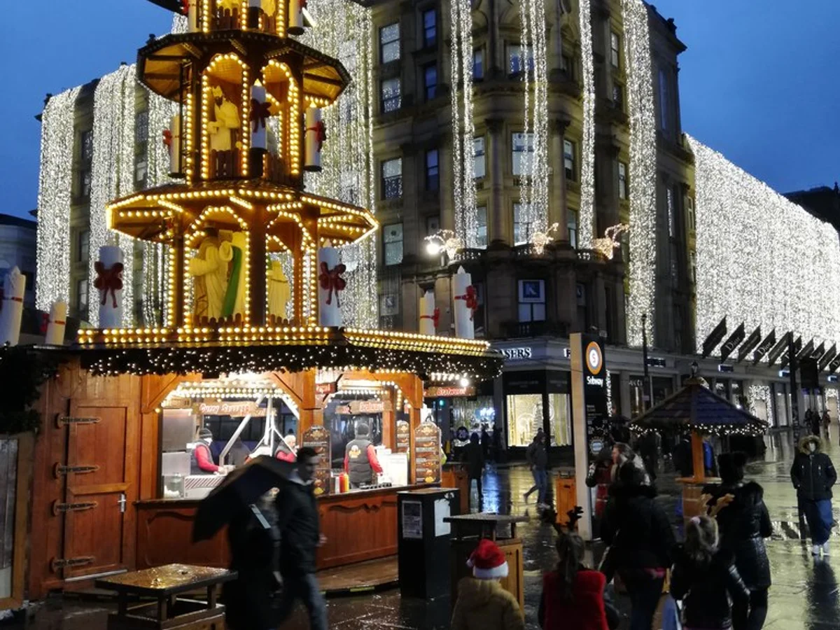 Glasgow's iconic Victorian architecture illuminated during Christmas season