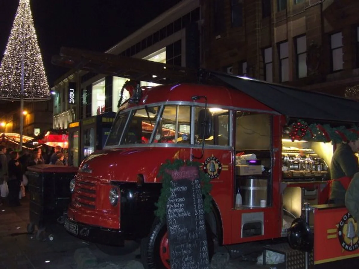 Glasgow charming fire engine coffee vendor at Christmas market
