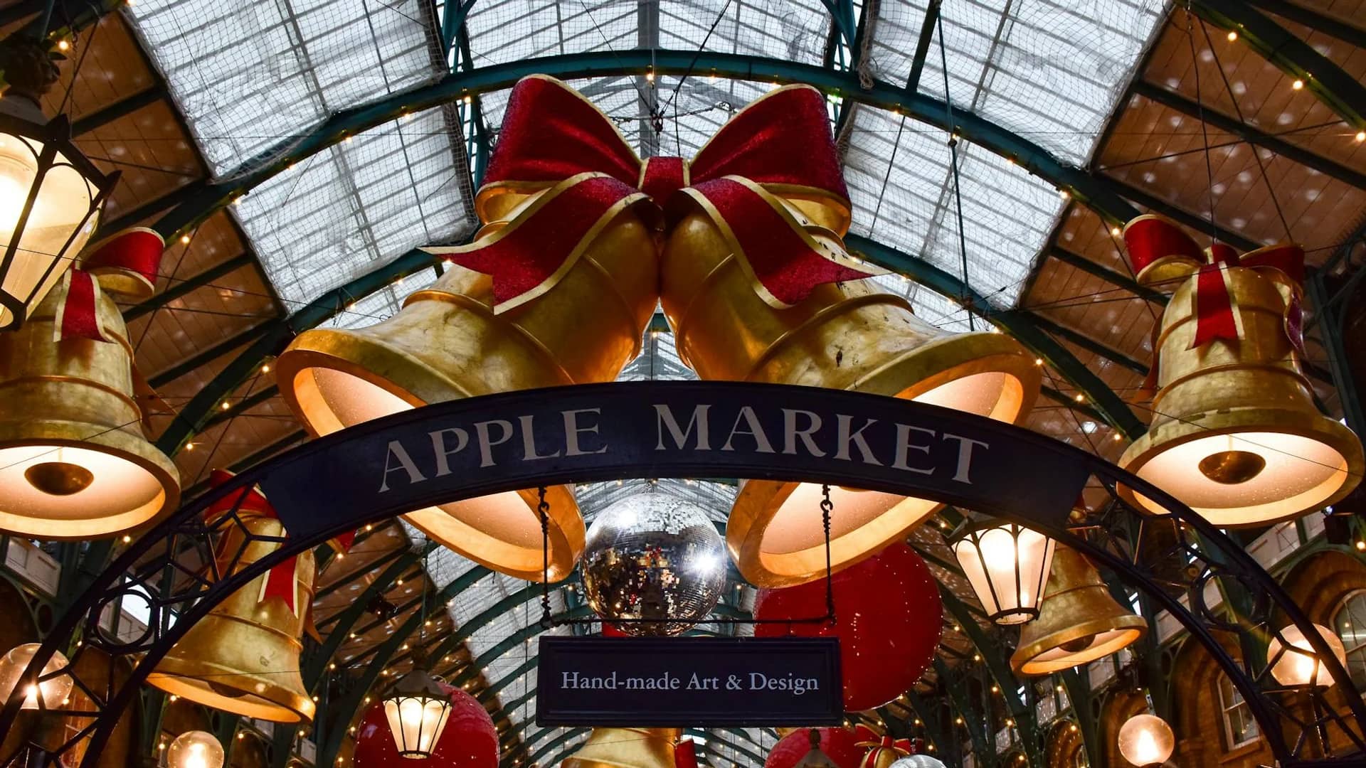 London Apple Market adorned with festive Christmas decorations in winter