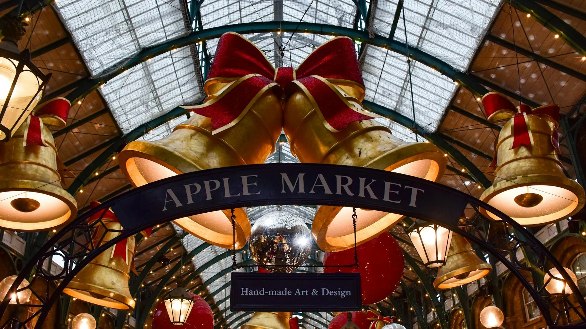 London Apple Market adorned with festive Christmas decorations in winter