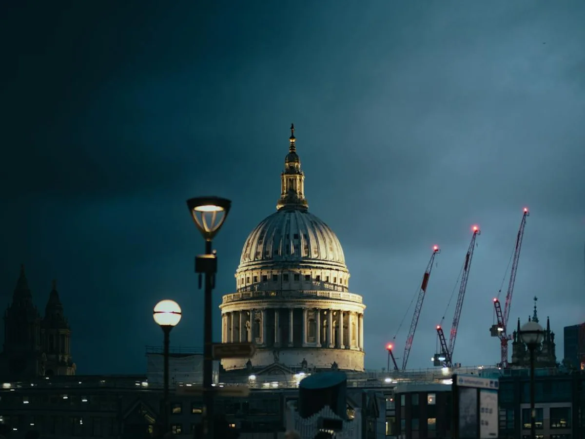 London St. Paul's Cathedral illuminated at blue hour during winter season
