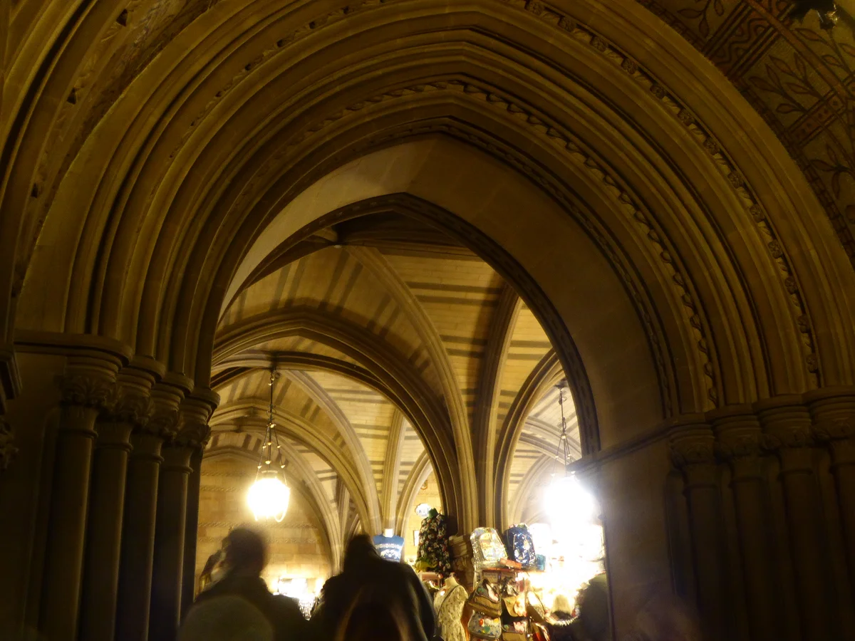 Manchester Town Hall's Gothic architecture adorned for Christmas warmth